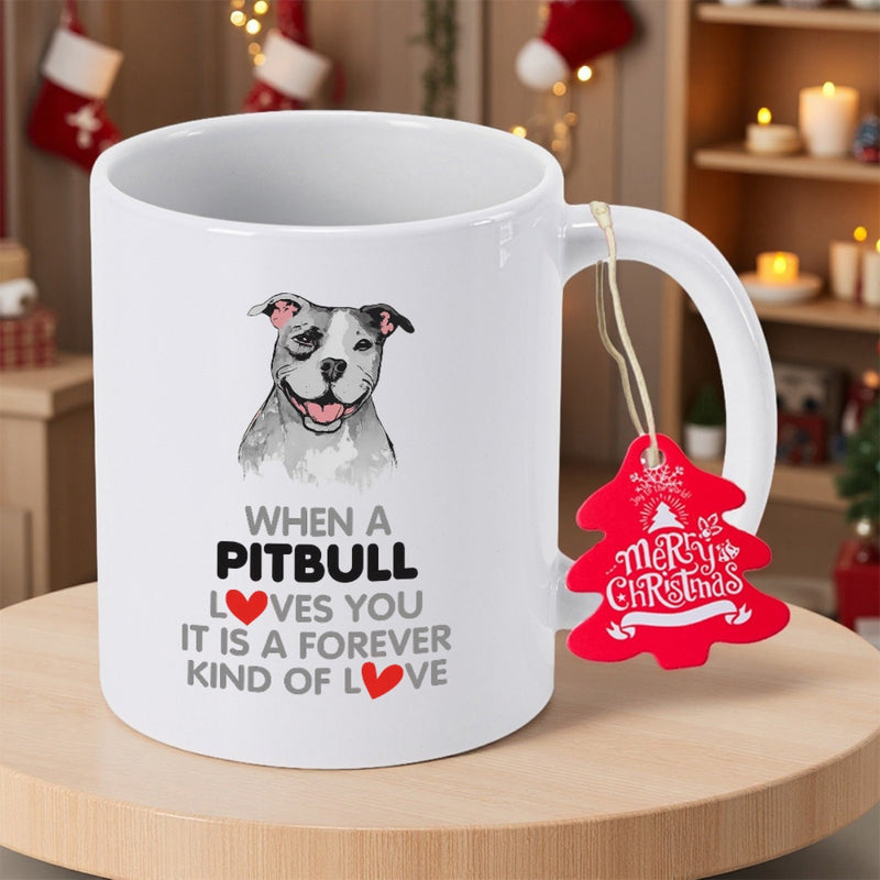 Tailorly White Ceramic 11 oz Mug - When A Pitbull Loves You It Is A Forever Kind Of Love Smiling Grey And White Dog Illustration With Two Small Red Hearts Pitbull