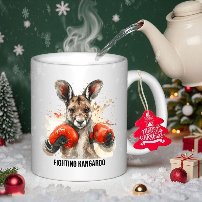 Tailorly White Ceramic 11 oz Mug - Fighting Kangaroo Athletic Brown Marsupial Wearing Red Boxing Gloves Ready For Match Kangaroo