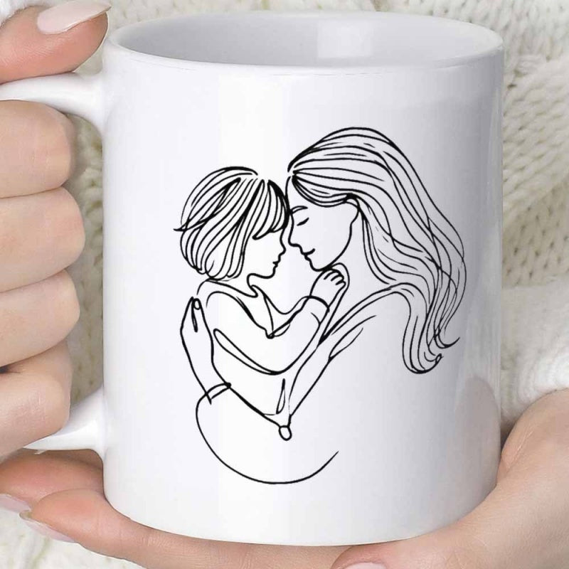 Tailorly White Ceramic 11 oz Mug - Minimalist Line Art Sketch Of A Woman Embracing Her Little Child Mother