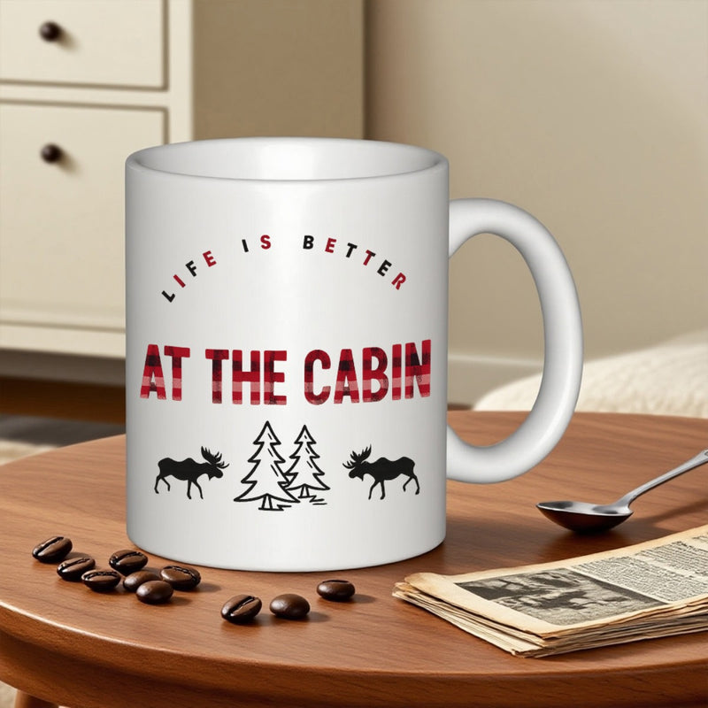 Tailorly White Ceramic 11 oz Mug - Life Is Better At The Cabin Rustic Pine Trees And Wild Moose Silhouettes Under Plaid Textured Lettering Moose