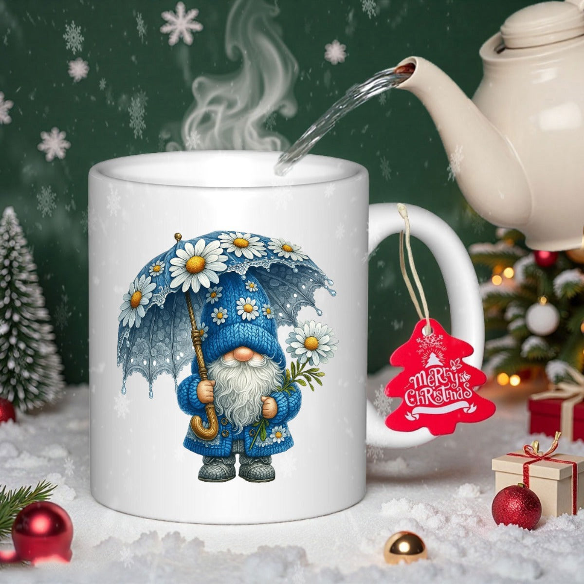 Tailorly White Ceramic 11 oz Mug - Merry Christmas Charming Blue Scandinavian Gnome Holding A Floral Umbrella Decorated With Daisies Gnome