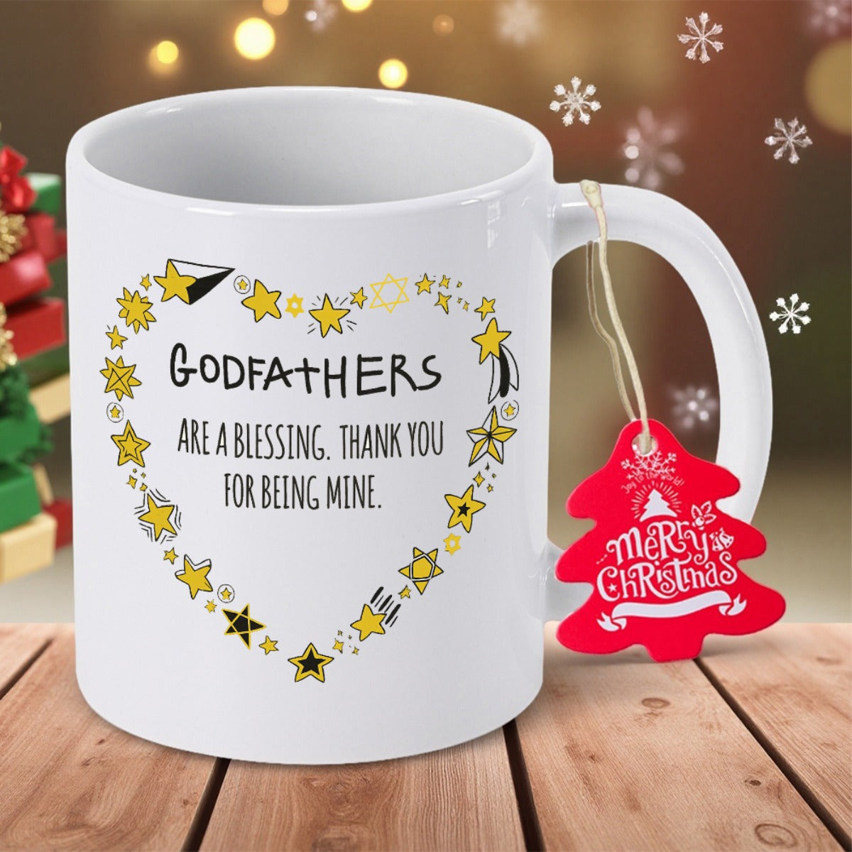 Tailorly White Ceramic 11 oz Mug - Godfathers Are A Blessing Thank You For Being Mine Symmetrical Shape Formed By Many Little Twinkling Golden Stars Heart