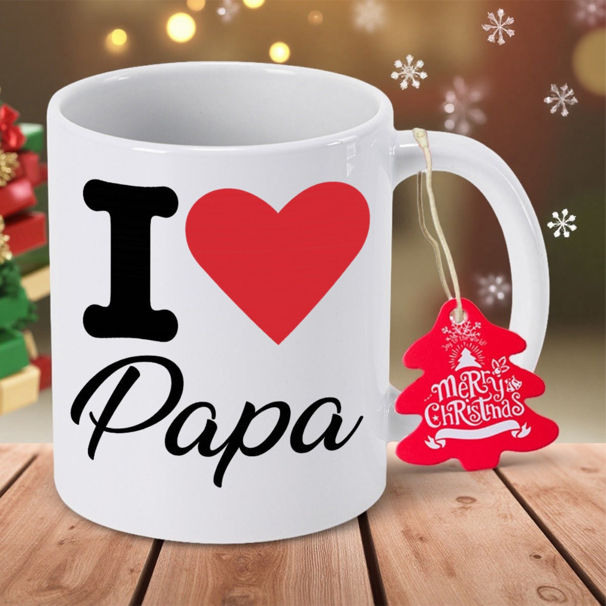 Tailorly White Ceramic 11 oz Mug - I Papa Merry Christmas Minimalist Design Featuring A Large Red Heart With Script Font Lettering Mug