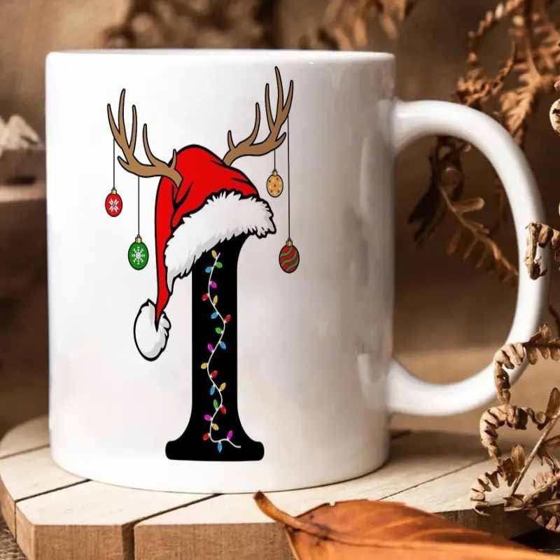 Tailorly White Ceramic 11 oz Mug - I Holiday Initial Featuring Antlers And Festive Santa Hat With Sparkling Lights Reindeer