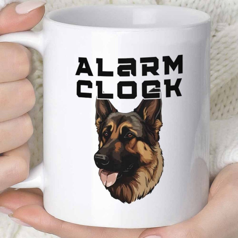 Tailorly White Ceramic 11 oz Mug - Alarm Clock Loyal Detailed German Shepherd Portrait With Alert Ears And Stencil Font German Shepherd