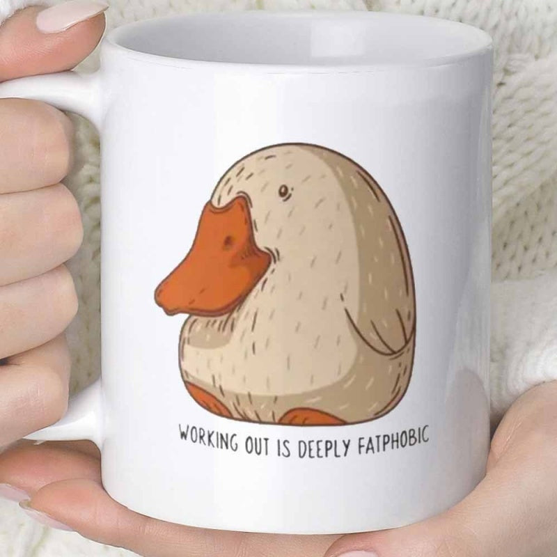 Tailorly White Ceramic 11 oz Mug - Working Out Is Deeply Fatphobic Simple Chubby Hand Drawn Duckling With Large Beak Duck
