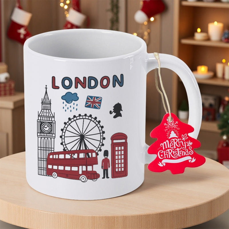 Tailorly White Ceramic 11 oz Mug - London Iconic City Landmarks Featuring Red Bus And Famous Tower Clock Mug
