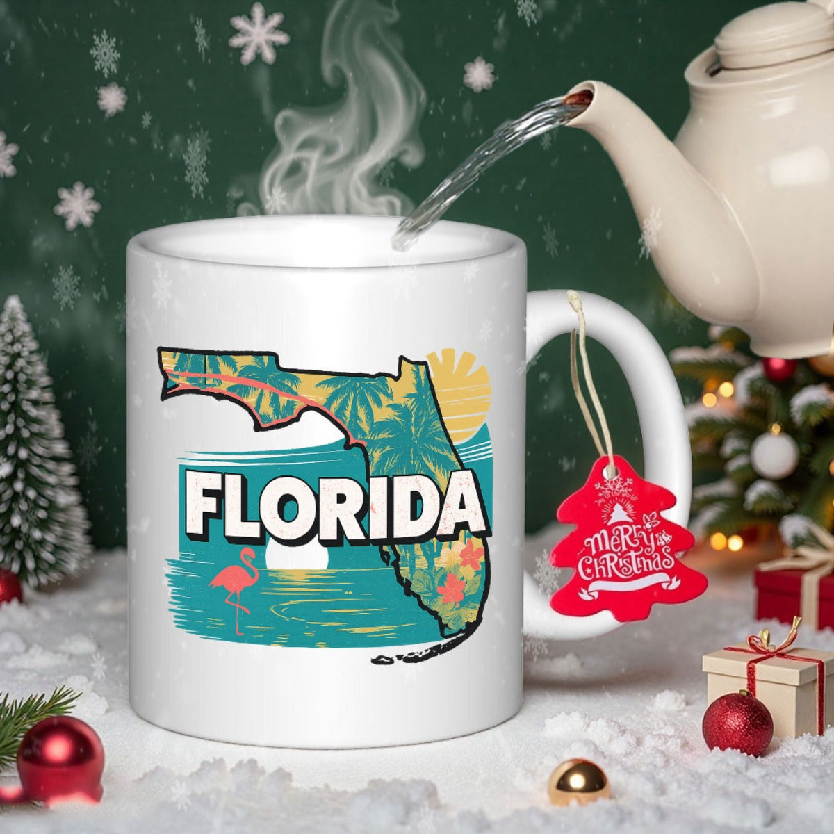Tailorly White Ceramic 11 oz Mug - Florida Tropical Scene With Palm Trees And Pink Flamingo At Sunset Florida