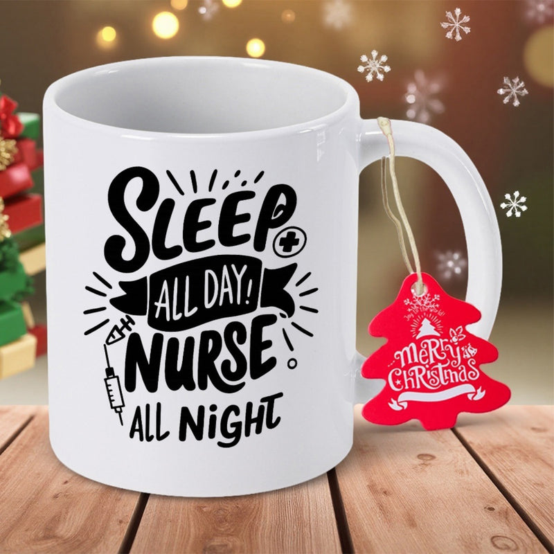 Tailorly White Ceramic 11 oz Mug - Sleep All Day Nurse All Night Medical Typography Featuring Syringe And Cross Icons On