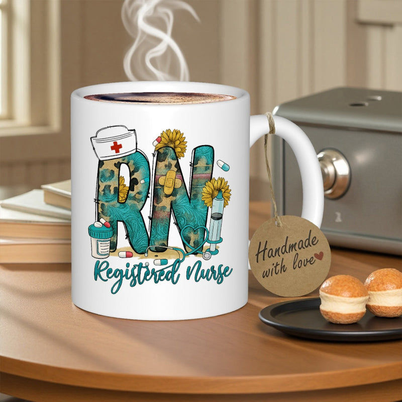 Tailorly White Ceramic 11 oz Mug - Registered Nurse RN Stylized Leopard Print Medical Elements With Syringe And Floral Nurse Hat Mug
