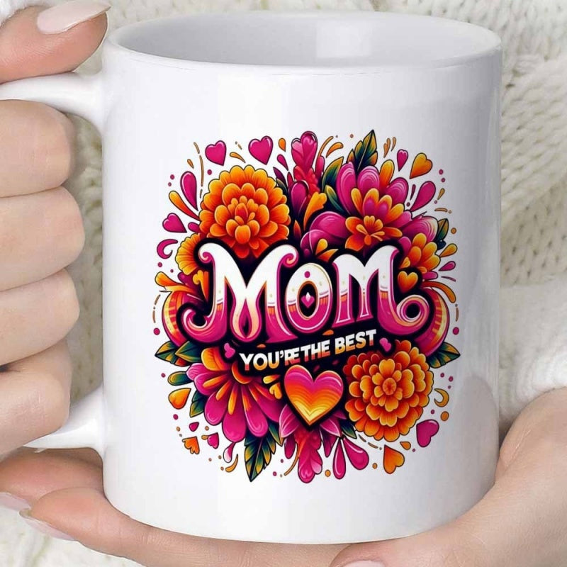Tailorly White Ceramic 11 oz Mug - Mom Youre The Best Vibrant Floral Bouquet With Hearts Surrounding Colorful Stylized Central Text Flower