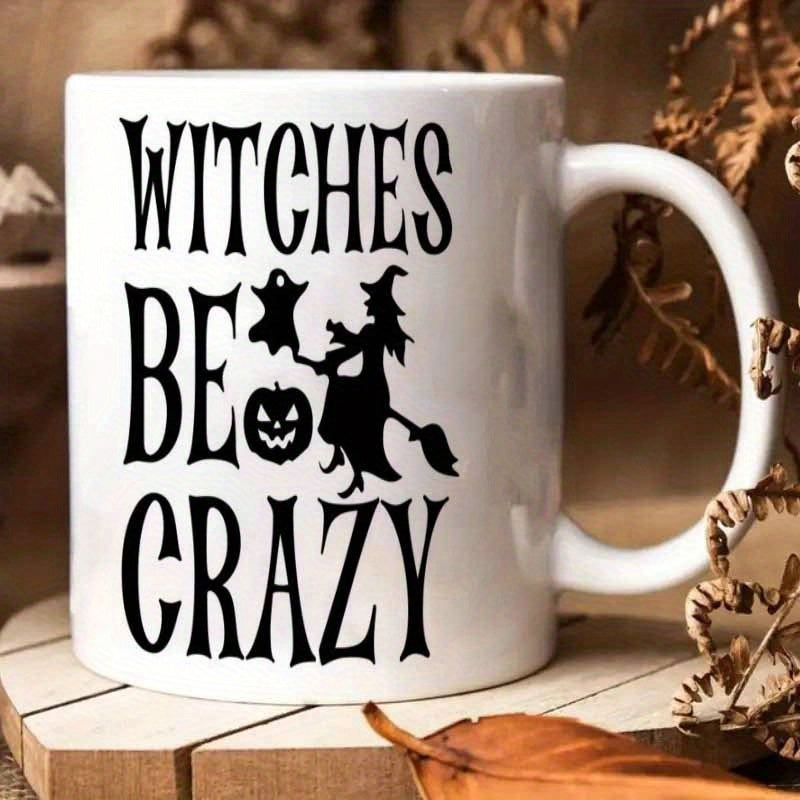 Tailorly White Ceramic 11 oz Mug - Witches Be Crazy Spooky Halloween Silhouette Featuring Flying Broomstick Pumpkin And Ghost Witch