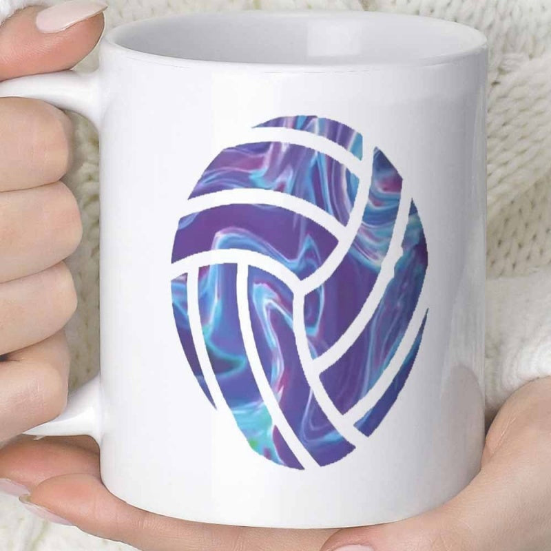 Tailorly White Ceramic 11 oz Mug - Abstract Cosmic Swirling Blue And Purple Texture Inside A Stylized Sports Volleyball