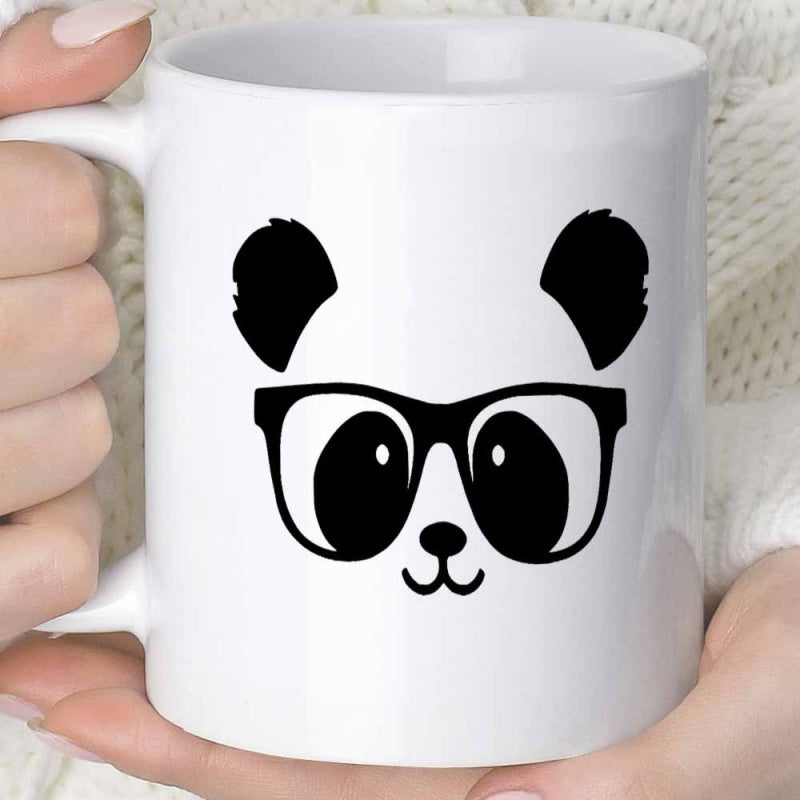 Tailorly White Ceramic 11 oz Mug - Minimalist Artistic Face Wearing Modern Stylish Black Rimmed Eyeglasses Panda
