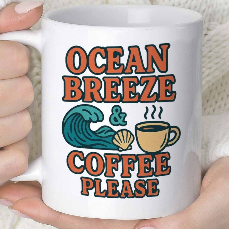 Tailorly White Ceramic 11 oz Mug - Ocean Breeze Coffee Please Retro Style Illustration Featuring A Rolling Blue Cresting Wave