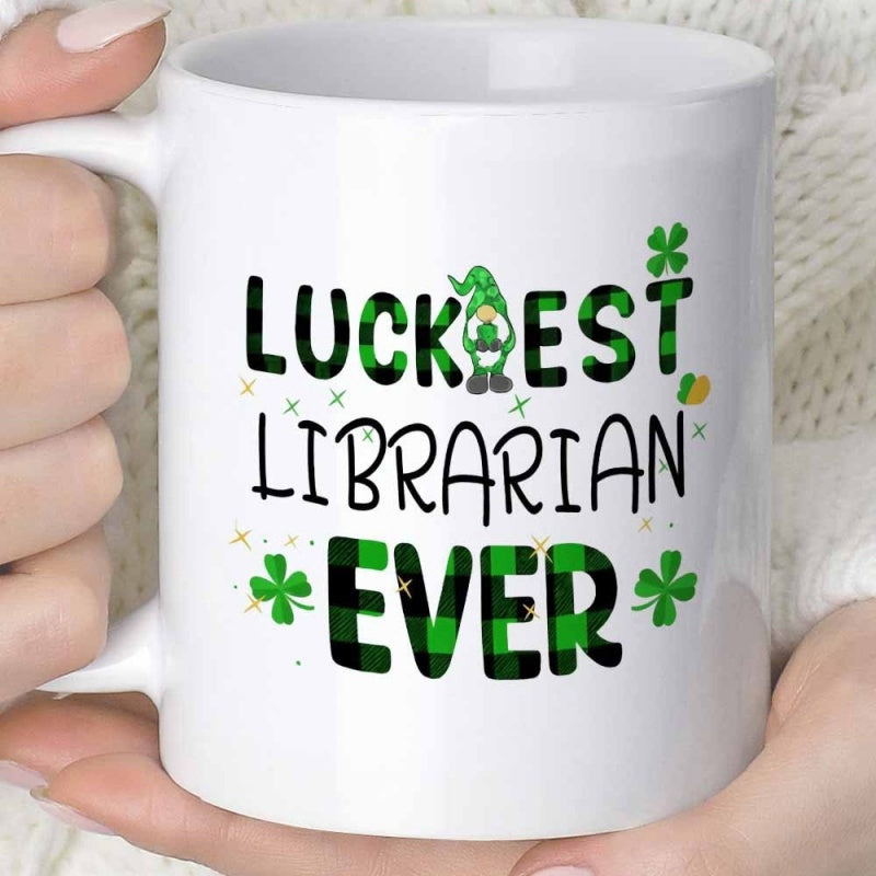 Tailorly White Ceramic 11 oz Mug - Luckiest Librarian Ever Festive St Patricks Day Style With Clovers And Plaid Pattern Gnome
