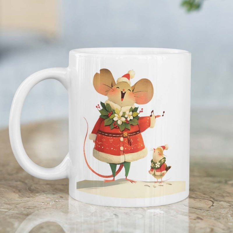Tailorly White Ceramic 11 oz Mug - Whimsical Festive Singing Character Wearing Red Winter Coat And Santa Hat Mouse