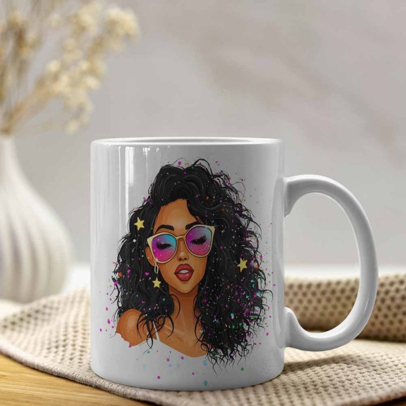 Tailorly White Ceramic 11 oz Mug - Stylish Dark Curly Hair Featuring Stars And Colorful Sunglasses Woman