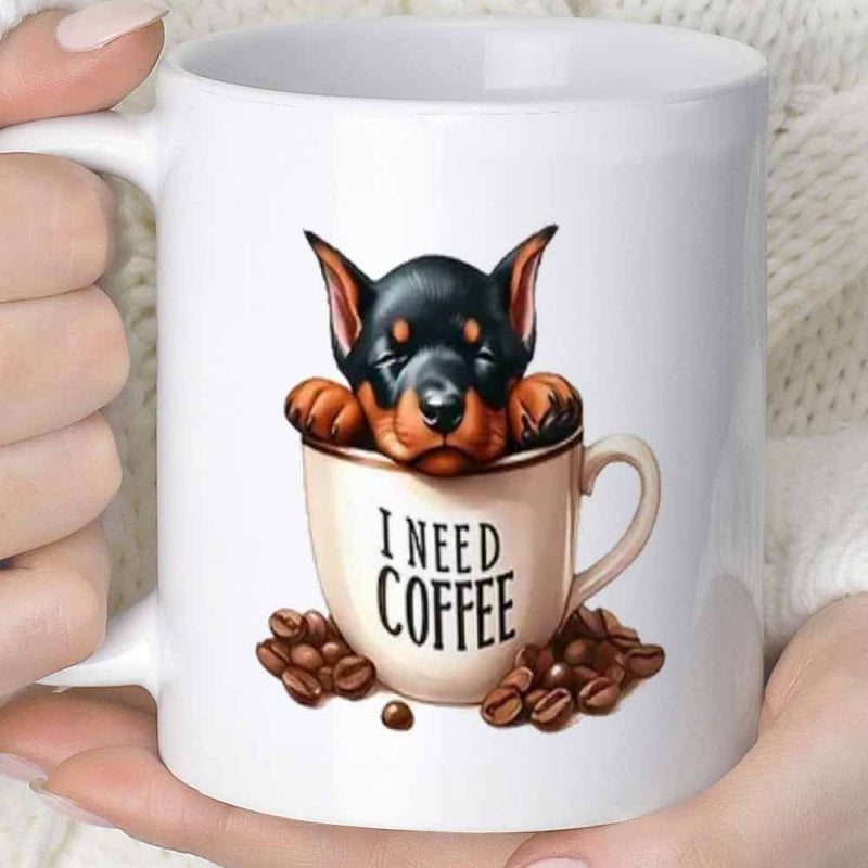 Tailorly White Ceramic 11 oz Mug - I Need Coffee Cute Puppy Resting Inside Creamy Ceramic Cup With Roasted Beans Puppy