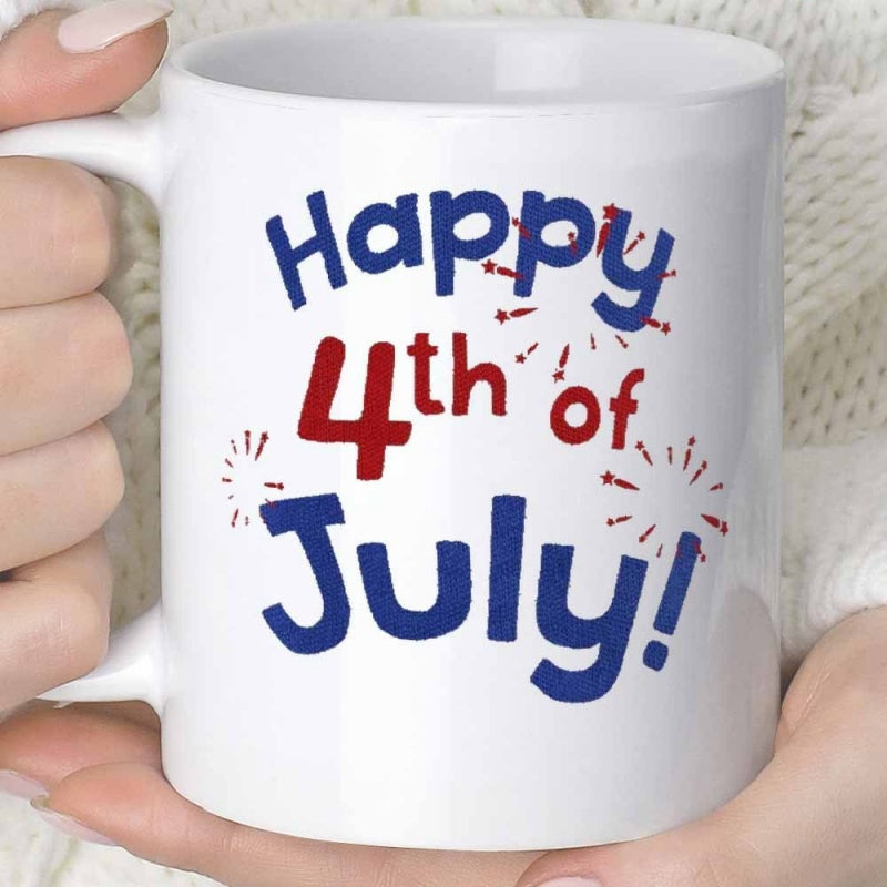 Tailorly White Ceramic 11 oz Mug - Happy 4th July Patriotic Celebration With Red And Blue Starburst Patterns Celebrating Freedom Fireworks