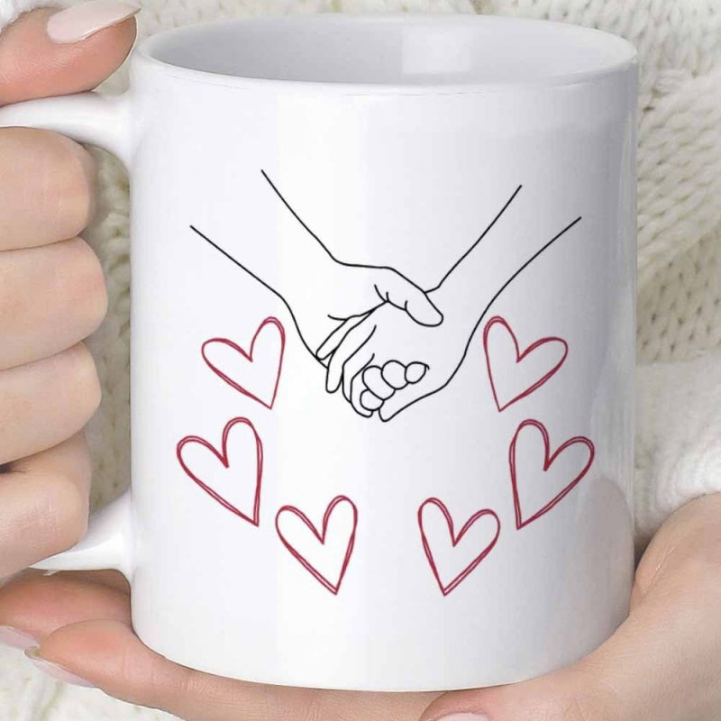 Tailorly White Ceramic 11 oz Mug - Minimalist Line Art With Two Hands Interlocking Surrounded By Several Small Hearts Hands