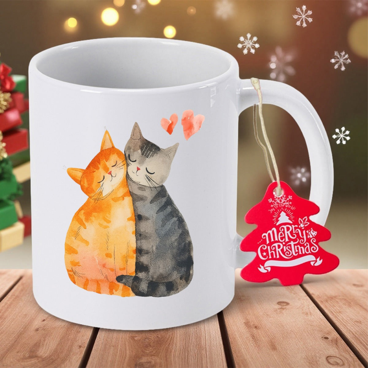 Tailorly White Ceramic 11 oz Mug - Merry Christmas Two Watercolor Felines Cuddling Together Under Small Floating Hearts Cats