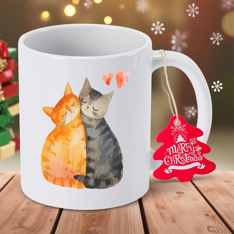 Tailorly White Ceramic 11 oz Mug - Merry Christmas Two Watercolor Felines Cuddling Together Under Small Floating Hearts Cats