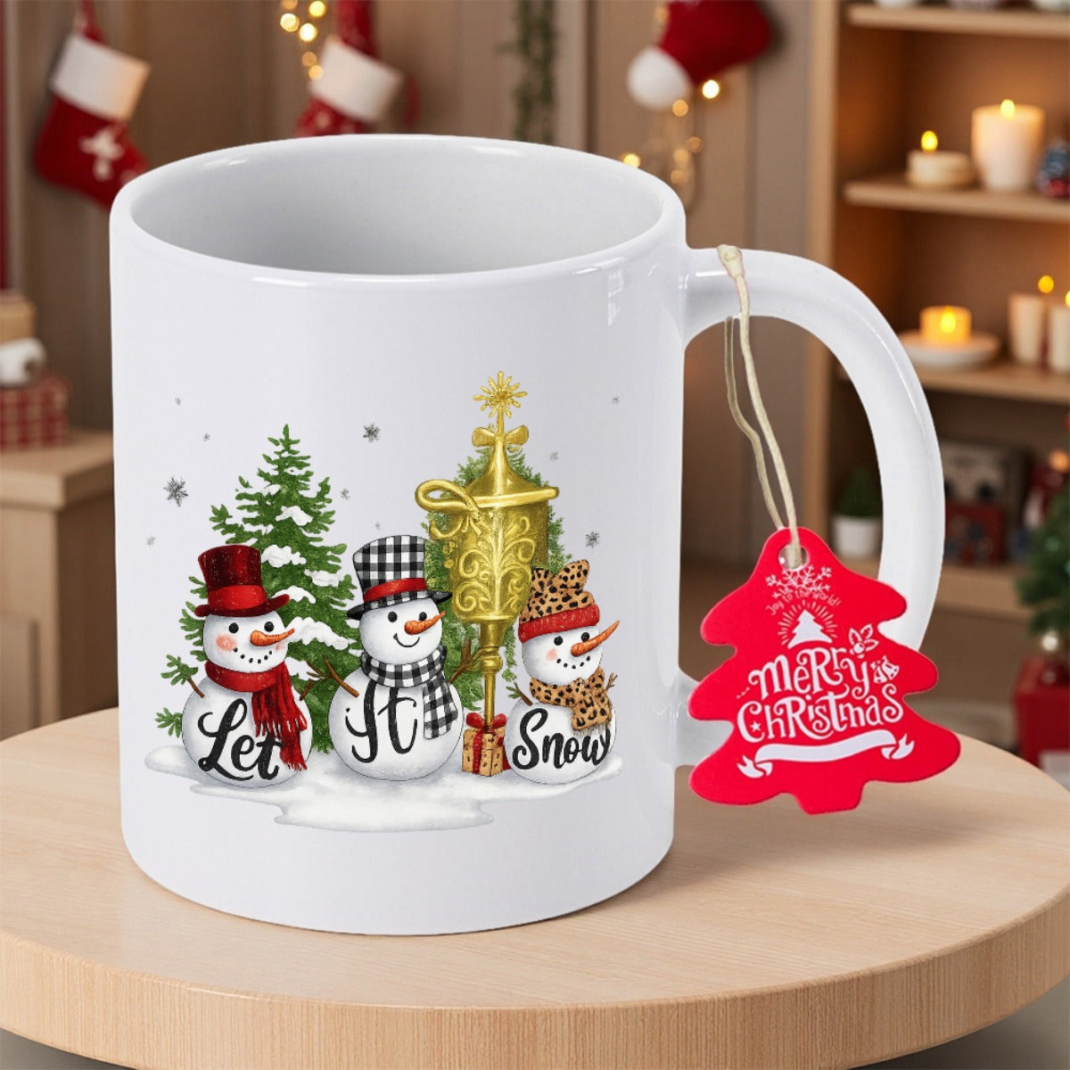 Tailorly White Ceramic 11 oz Mug - Let It Snow Merry Christmas Three Smiling Snowmen Wearing Decorative Hats Standing Near Festive Evergreen Pine Tree Snowmen