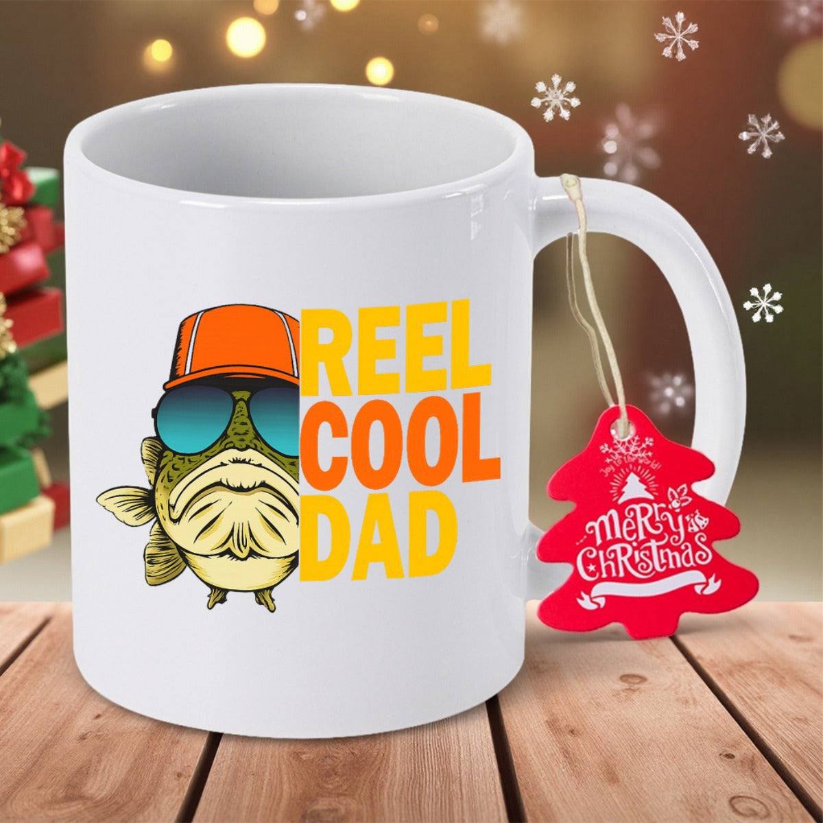 Tailorly White Ceramic 11 oz Mug - Reel Cool Dad Stylized Cartoon Bass Wearing Sunglasses And Vibrant Orange Hat Fish