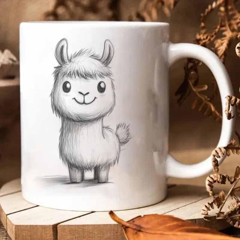Tailorly White Ceramic 11 oz Mug - Hand Drawn Sketch Of A Cute Fluffy Standing Friendly Smiling Cartoon Llama
