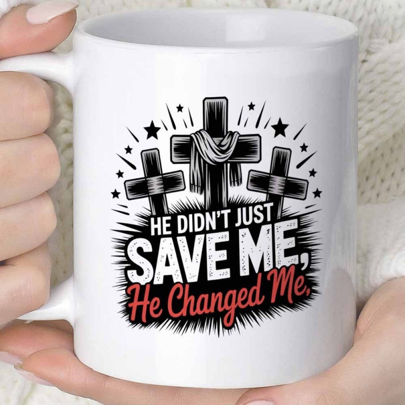Tailorly White Ceramic 11 oz Mug - He Didn't Just Save Me He Changed Me Three Symbolic Religious Crosses Standing Among Radiant Stars And Heavenly Rays Cross