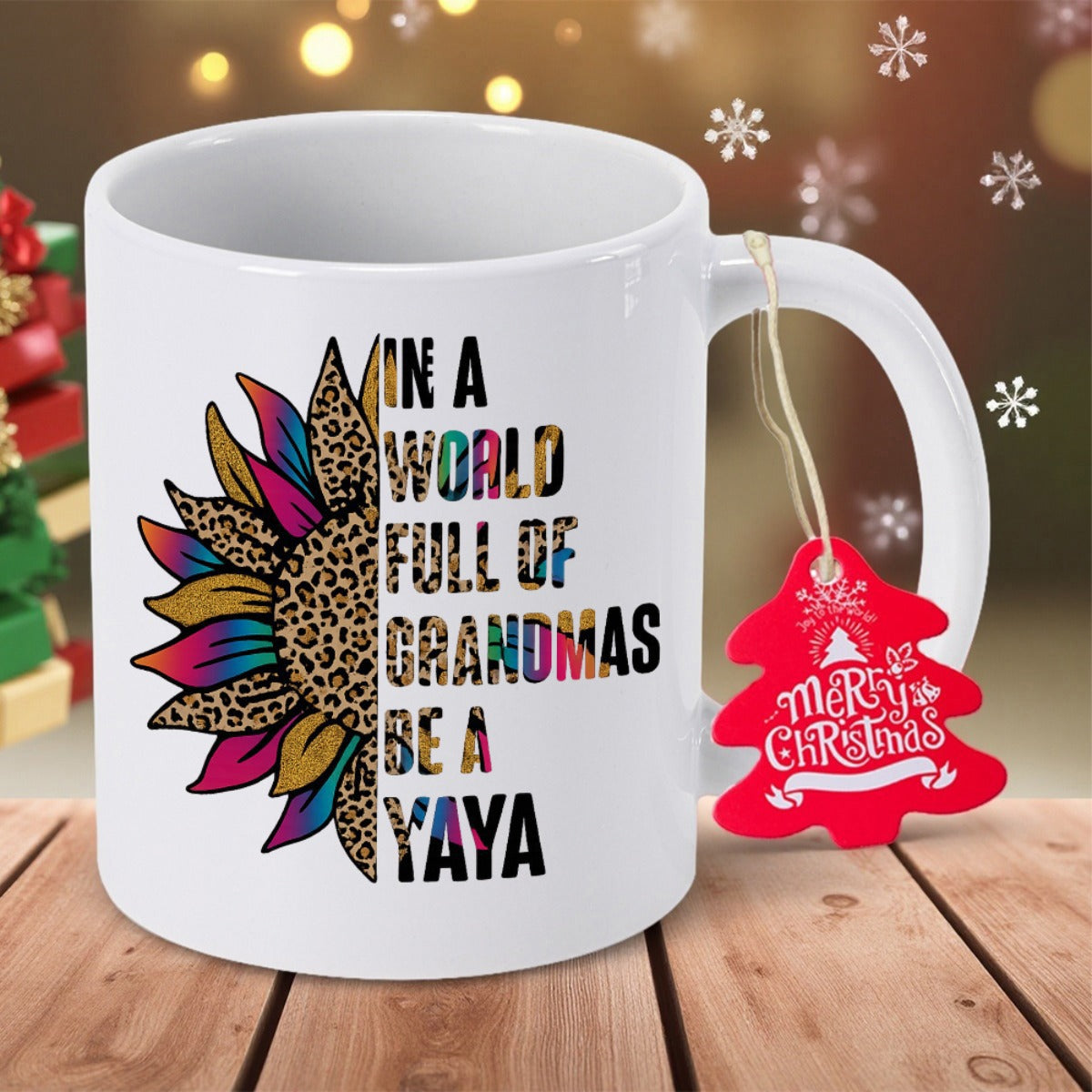Tailorly White Ceramic 11 oz Mug - In A World Full Of Grandmas Be A Yaya Half Leopard Print Combined With Vibrant Rainbow Petals Blooming Gracefully Sunflower