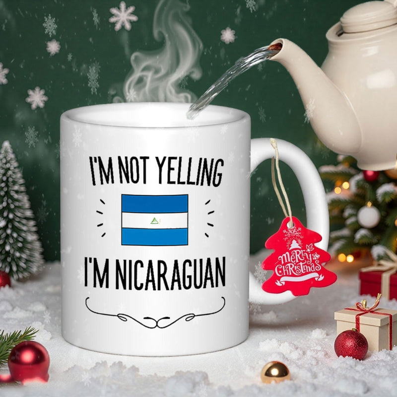 Tailorly White Ceramic 11 oz Mug - I'm Not Yelling I'm Nicaraguan Horizontal Blue And White Stripes Featuring Central National Emblem Flourish Flag