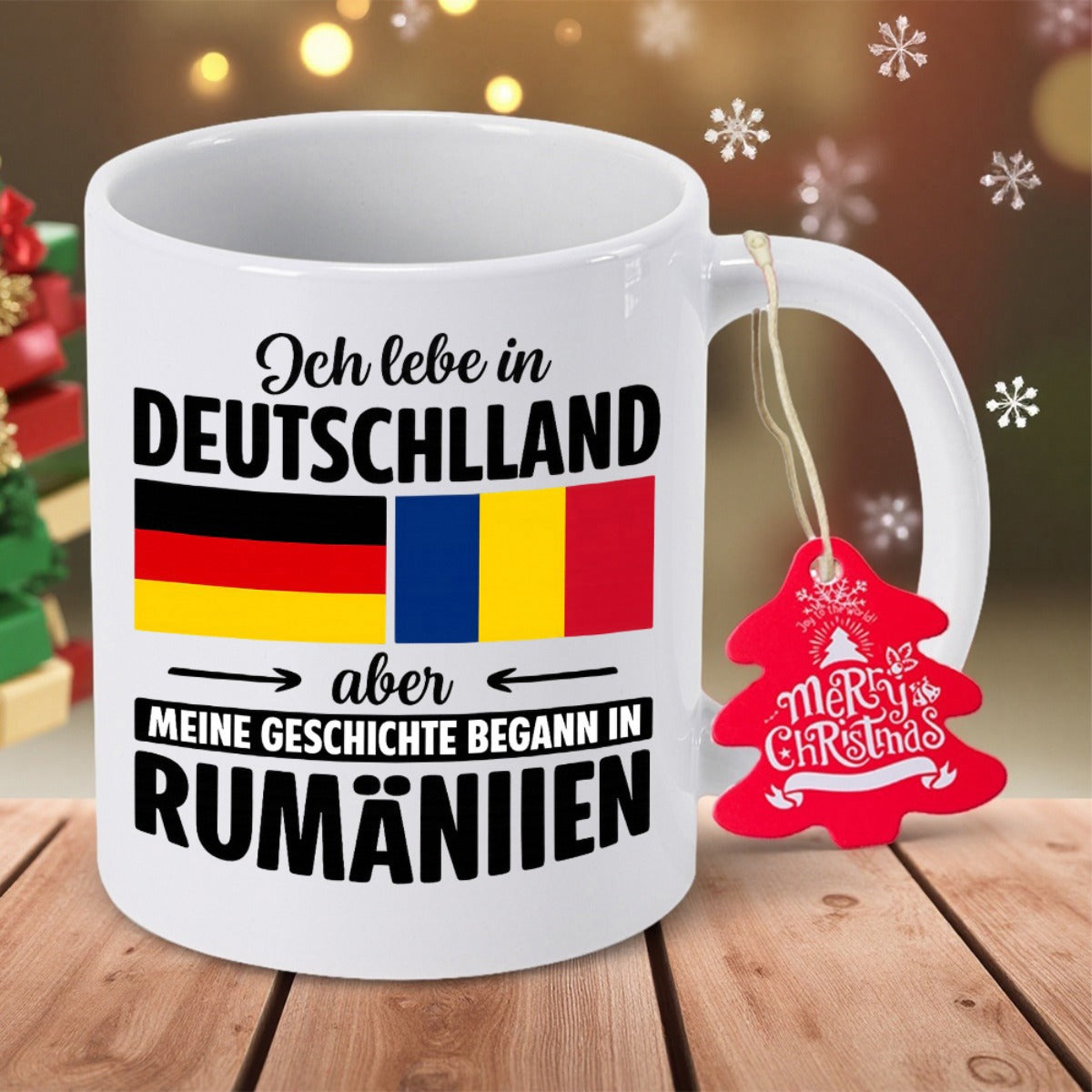 Tailorly White Ceramic 11 oz Mug - Merry Christmas Vibrant German And Romanian Flags Representing Heritage And Identity Flag