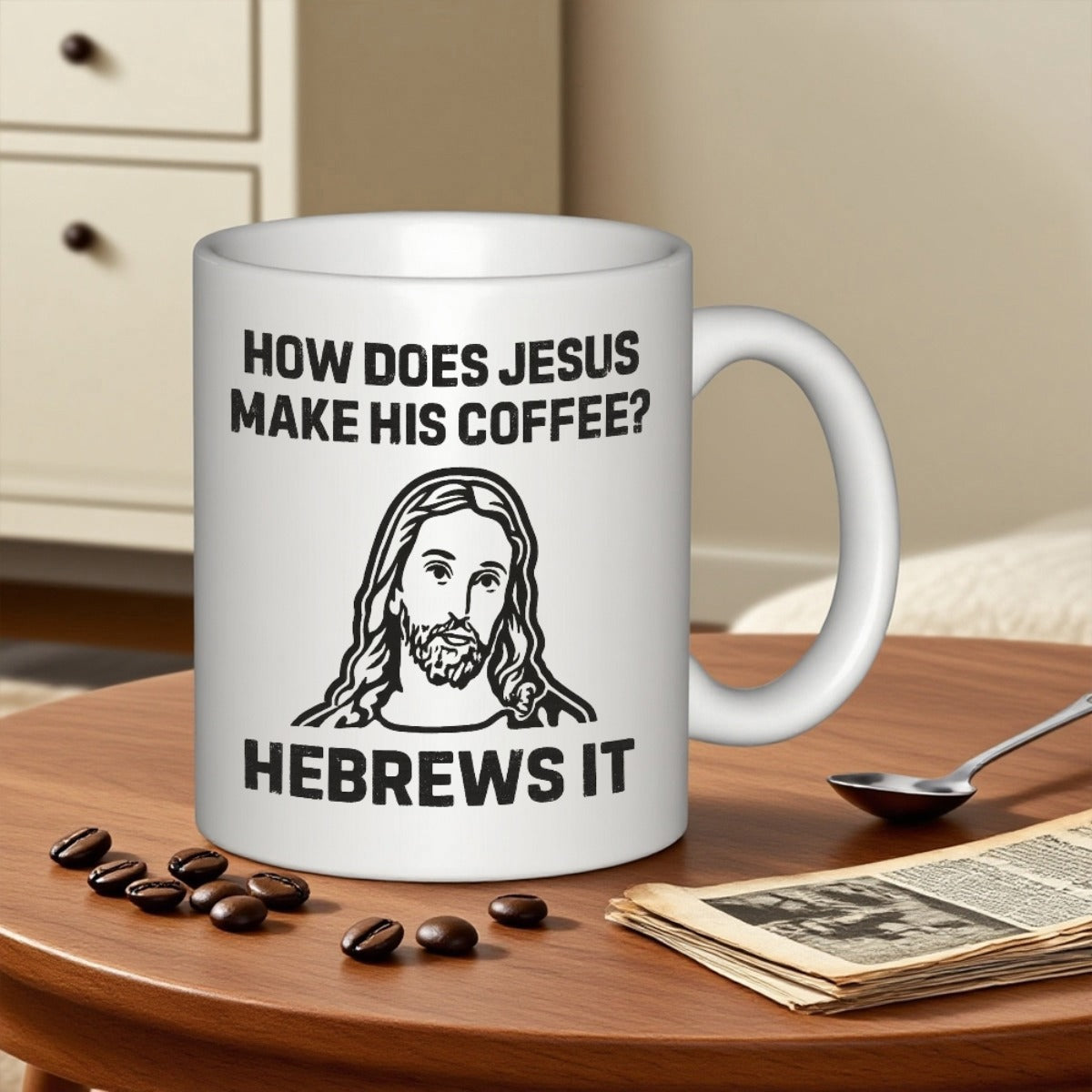 Tailorly White Ceramic 11 oz Mug - How Does Jesus Make His Coffee Hebrews It Minimalist Black Line Art Drawing Featuring A Sacred Portrait Of Jesus