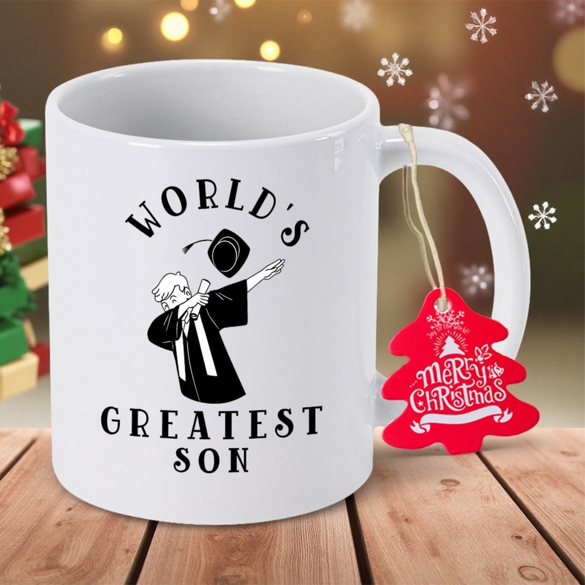 Tailorly White Ceramic 11 oz Mug - Worlds Greatest Son Proud Celebrating Figure Performing A Modern Dab Dance In Graduation Gown Graduate