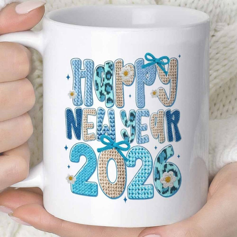 Tailorly White Ceramic 11 oz Mug - Happy New Year 2026 Vibrant Blue And Leopard Patterns With Decorative Bows And Floral Celebration