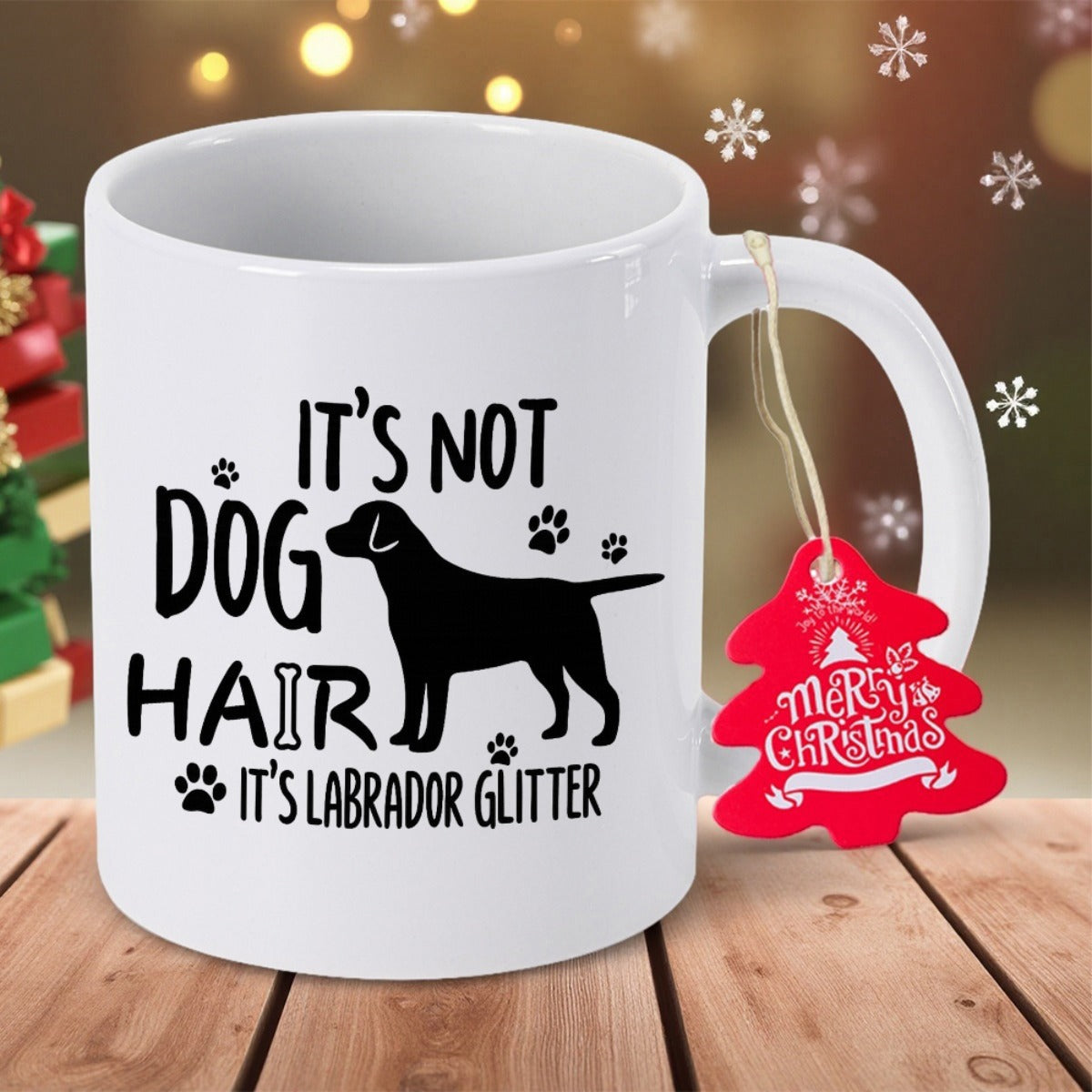 Tailorly White Ceramic 11 oz Mug - Its Not Dog Hair Its Labrador Glitter Black Silhouette Standing Among Small Paw Prints With Playful Slogan Labrador
