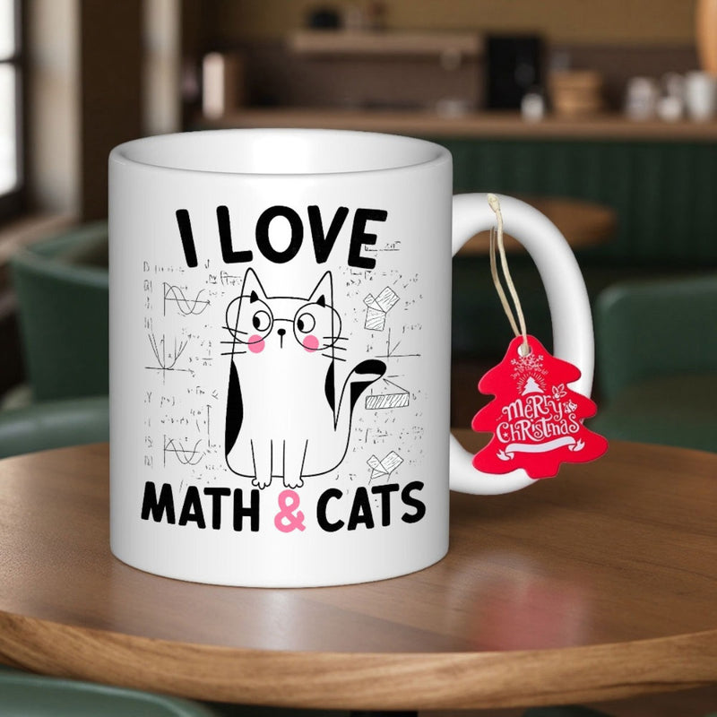 Tailorly White Ceramic 11 oz Mug - I Love Math Cats Studious Cartoon Feline Wearing Glasses Surrounded By Hand Drawn Mathematical Equations Cat