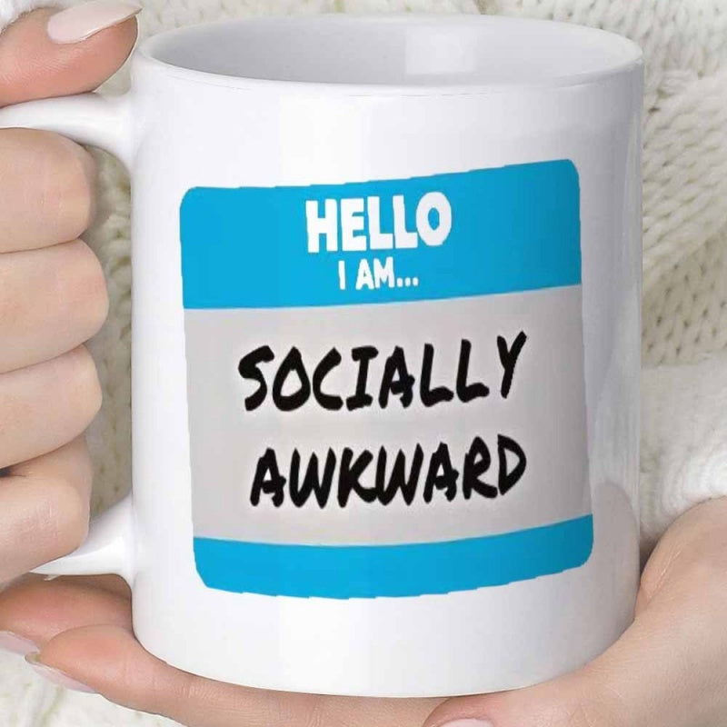 Tailorly White Ceramic 11 oz Mug - Hello I Am Socially Awkward Classic Blue And White Identity Sticker Design Featuring Casual Handwritten Font Tag