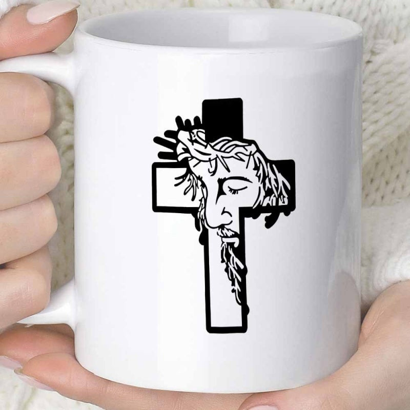 Tailorly White Ceramic 11 oz Mug - Sacred Religious Black Silhouette Illustration With Crown Of Thorns Portrait Cross