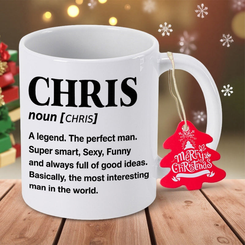 Tailorly White Ceramic 11 oz Mug - Chris Minimalist Black Bold Letters Featuring Dictionary Style Layout And Red Tree Tag Mug