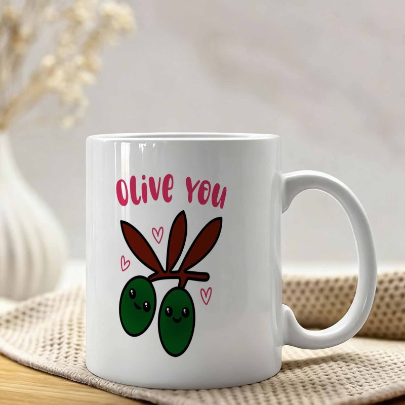 Tailorly White Ceramic 11 oz Mug - Olive You Adorable Smiling Green Olives Hanging From Branch With Small Pink Hearts Olives