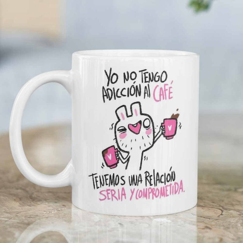 Tailorly White Ceramic 11 oz Mug - Hand Drawn White Cartoon Character Holding Two Pink Coffee Mugs Rabbit