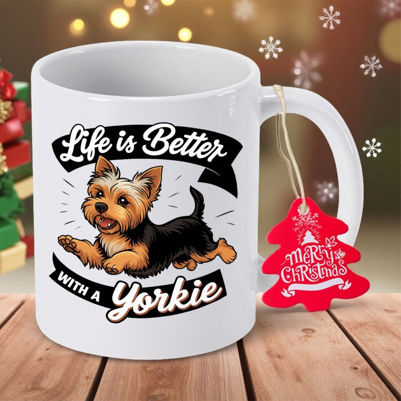 Tailorly White Ceramic 11 oz Mug - Life Is Better With A Yorkie Adorable Cartoon Puppy Running Playfully Across A Bright Clean Surface Yorkie