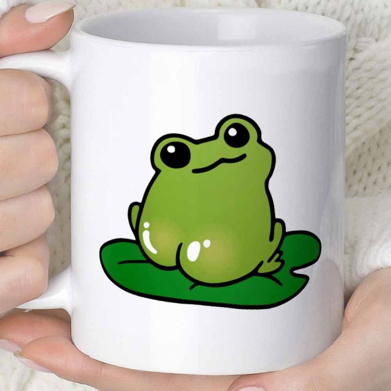 Tailorly White Ceramic 11 oz Mug - Cute Green Cartoon Frog Resting On A Vibrant Lily Pad Frog