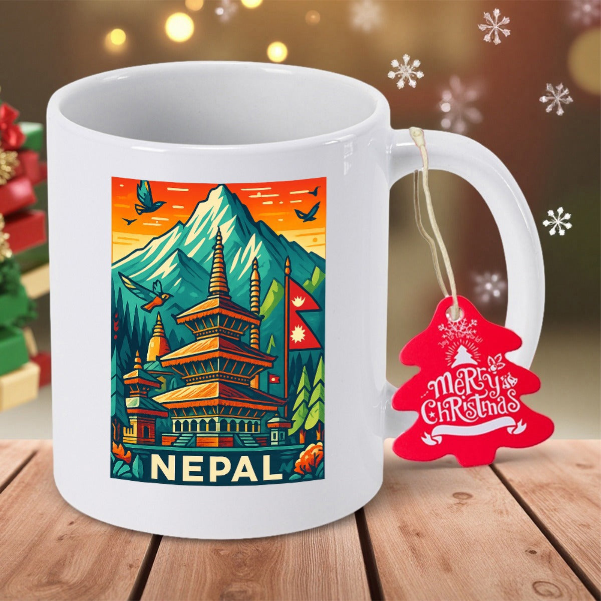 Tailorly White Ceramic 11 oz Mug - Nepal Majestic Snow Capped Peaks With Traditional Pagoda Under Sunset Sky Mountain