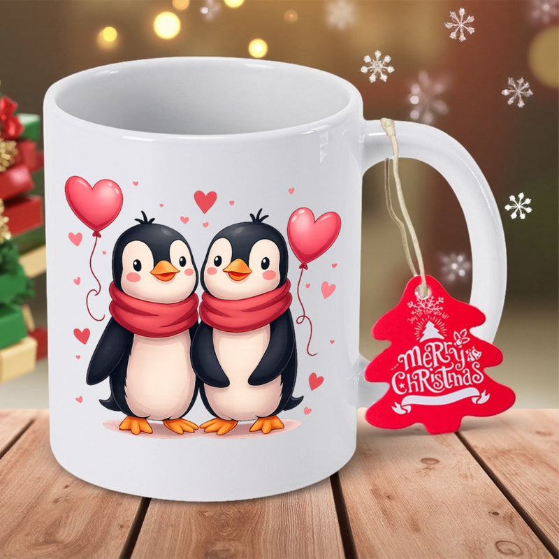 Tailorly White Ceramic 11 oz Mug - Merry Christmas Two Adorable Cartoon Penguins Wearing Red Scarves Among Floating Heart Balloons Penguin