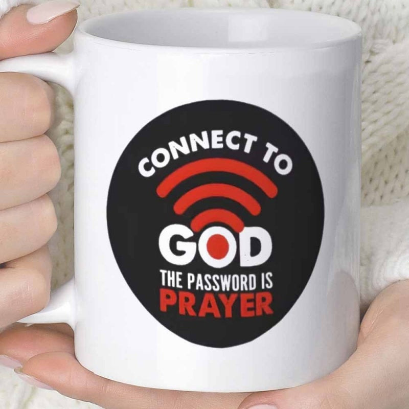 Tailorly White Ceramic 11 oz Mug - Connect To God The Password Is Prayer Modern Circular Black Badge With Red Wireless Connectivity Symbols Mug