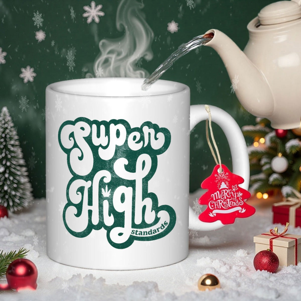 Tailorly White Ceramic 11 oz Mug - Super High Standards Festive Winter Setting With Steam Rising From A Classic Ceramic Coffee Mug